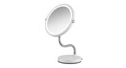 Modern makeup mirror with led light ring and flexible gooseneck arm, isolated on transparent background
