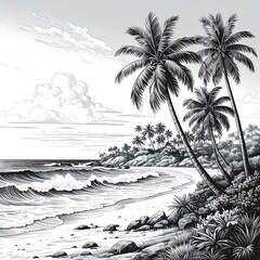 Tropical beach scene, black and white (1)