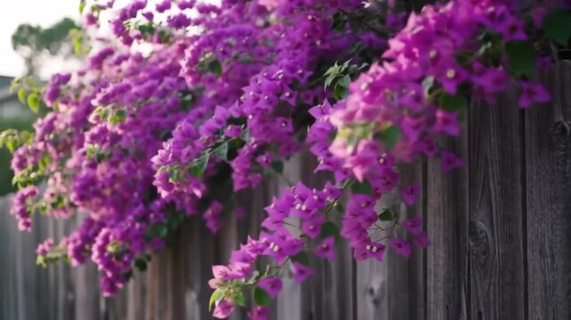 Purple bougainvillea on wooden fence