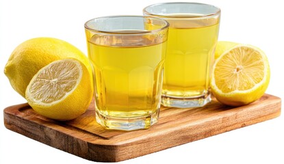 Two short glasses of pale yellow citrus beverage sit on a wooden board with whole and halved lemons