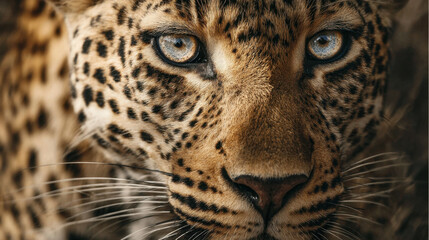 Fototapeta premium Leopard with piercing blue eyes staring intensely at the camera, showcasing detailed facial features and unique spotted fur patterns in natural lighting.