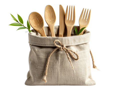 Eco-friendly reusable bamboo cutlery set transparent with cloth bag and green leaves for sustainable dining