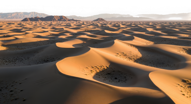 Golden sand dunes stretch to the horizon under a warm, hazy sky, showcasing the vastness of the desert landscape isolated on transparent background