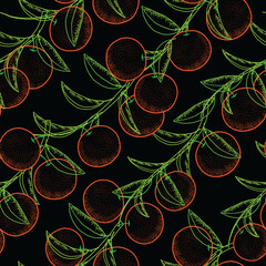 Raster illustration. Outlined orange forest on black background seamless repeat pattern. Best for textiles, wall paper, packaging and other surface designs.