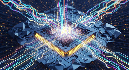 A close up of a futuristic looking computer chip with colorful light trails and ai text in the center ai generated