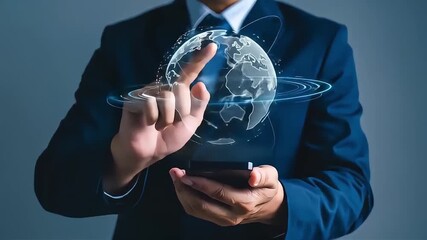 Professional businessman in a suit touching a glowing digital world map hologram projected from a smartphone, representing global networking and future technology - Powered by Adobe