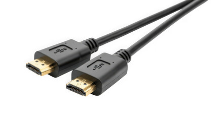 Two black hdmi cables with goldplated connectors, isolated on transparent background