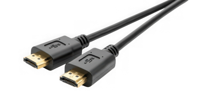 Two black hdmi cables with goldplated connectors, isolated on transparent background