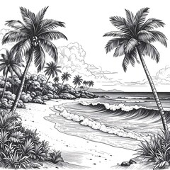 Tropical beach scene, black and white