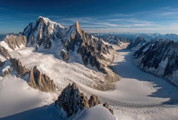 Breathtaking panoramic view of snow-covered mountains under a clear blue sky, featuring jagged peaks and vast glaciers in a high-altitude landscape