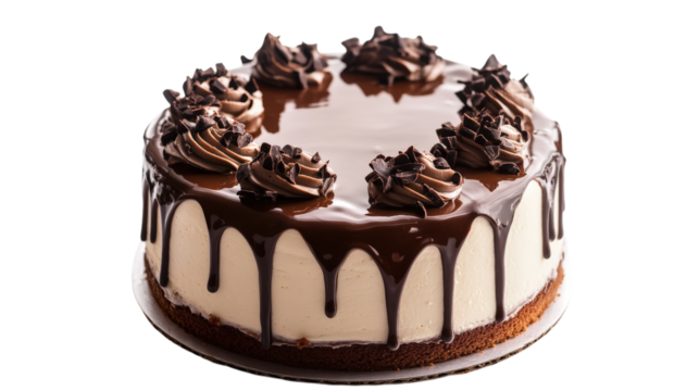 Chocolate Glazed Cake with Cream Swirls isolated on a transparent background