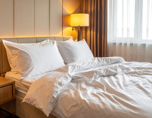 Cozy Hotel Room Bed with Soft White Linens and Lamp Light