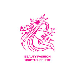 Elegant Beauty Fashion Logo with Woman Face and Floral Hair Design for Salon, Spa, and Cosmetics Branding