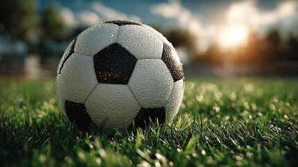 Fototapeta premium Minimalist Soccer Ball on Grass Under Sunny Sky.