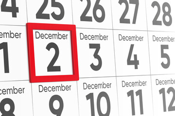 Date 2 December with red frame realistic calendar day design. Red frame shows the date December 2 3d illustration
