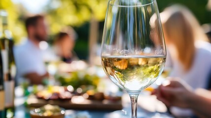 Elegant outdoor dining with wine, summer relaxation and gathering friends