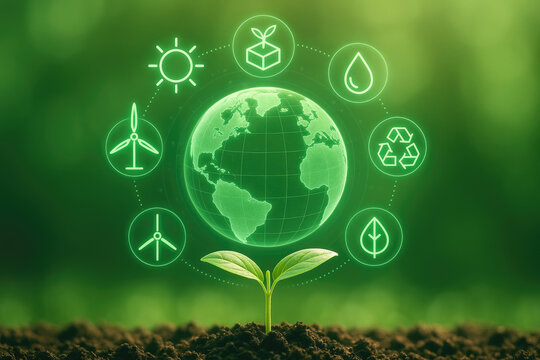 Young plant with Earth and renewable energy icons in a digital network, South America visible sprout - Powered by Adobe