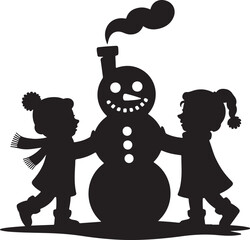 Christmas kids building snowman silhouette vector