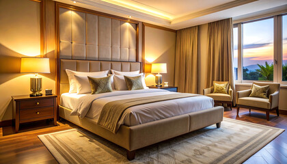 Luxurious hotel bedroom with comfortable king-size bed, elegant decor, warm lighting, and a serene window view. Perfect for relaxation and an upscale stay