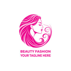 Elegant Beauty Fashion Logo Design with Feminine Woman Silhouette and Flowing Hair in Pink on White Background