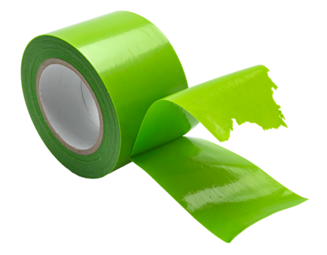 Bright green adhesive tape roll, partially unwound with a torn edge