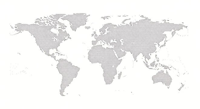 Global grid: A dotted world map illustration conveying connection and unity across continents emphasizing a modern and