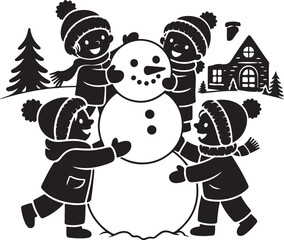 Christmas kids building snowman silhouette vector
