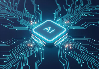 AI powered chip with glowing circuit board for cutting-edge technology solutions and digital transformation in the future of artificial intelligence