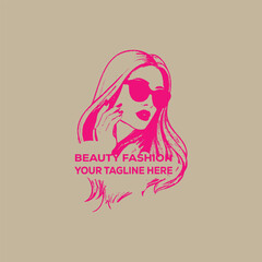 Modern Beauty Fashion Logo Design with Stylish Woman Silhouette and Sunglasses in Pink on Beige Background