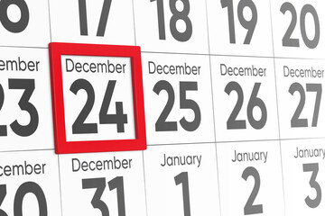 Date 24 December with red frame realistic calendar day design. Red frame shows the date December 24 3d illustration
