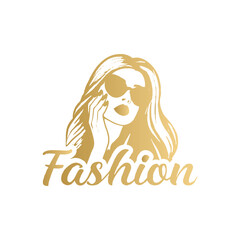 Golden Fashion Logo Design with Stylish Woman Silhouette and Sunglasses on White Background