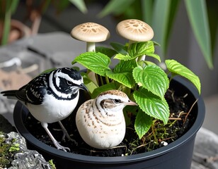 Two birds in a pot with mushrooms