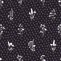 Vector illustration. Monochrome wild flowers on irregular dot background seamless repeat pattern. Best for kids textiles, nursery and packaging.
