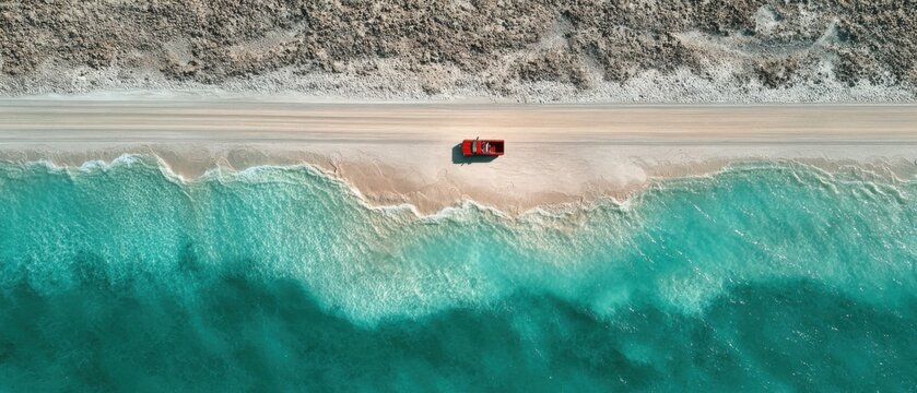 Aerial view of a red truck on a sandy beach beside turquoise ocean waves, with a rocky shoreline in the background.