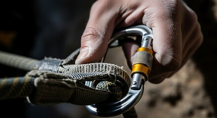 Gear up for adventure: Secure climbing rope with carabiner in hand, ready for outdoor exploration and safety, perfect for adventure lifestyle content.
