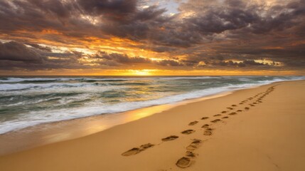Obraz premium footprints. A serene beach sunset with footprints in the sand, evoking tranquility and golden warmth. inspiring travel planning, travel magazines, designed for travel destination branding.