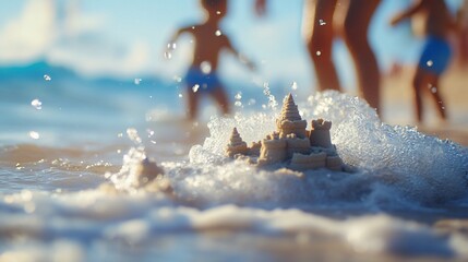 Ephemeral sandcastles in the surf with children playing during vacation