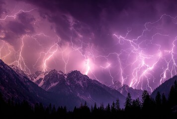 Intense purple lightning illuminates jagged, snow-capped mountains and dark silhouetted forest underneath dramatic stormy cloudy skies
