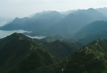 Naklejka premium Verdant Mountain Range Vista with Hazy Blue Peaks