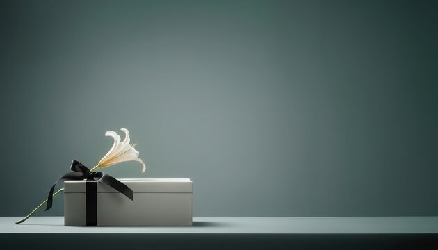 An elegant gift box with a black ribbon and a white lily, a concept for luxury and special occasions.