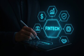 Businessman using tablet stylus with glowing fintech hologram icons representing finance technology innovation
