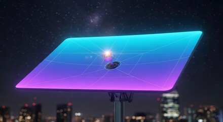 Futuristic data analysis platform illuminating cityscape under starry sky