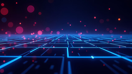 A futuristic digital grid with glowing blue lines and floating red bokeh particles against a dark background, evoking a sense of data flow and advanced technology.
