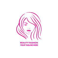Pink Beauty Fashion Logo – Elegant Woman Face and Hair Silhouette for Salon, Spa and Cosmetics Branding