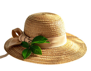Beige straw sun hat with ribbon and leaves