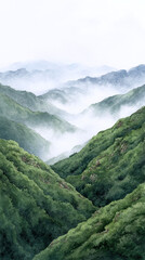 Obraz premium Breathtaking Watercolor Landscape of Majestic Mountains and Lush Green Valleys Enveloped in Soft Mist, Capturing the Essence of Nature's Tranquility and Beauty