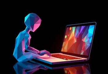 Abstract polygonal figure using laptop, dark tech background,  information,  glow