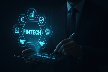 Businessman interacting with tablet showing fintech hologram icons for finance and technology innovation

