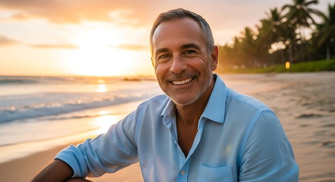 A middle-aged man with a warm smile sits on a beach at sunset, bathed in golden light.