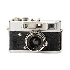 Vintage silver and black film camera with chrome details isolated on a transparent background